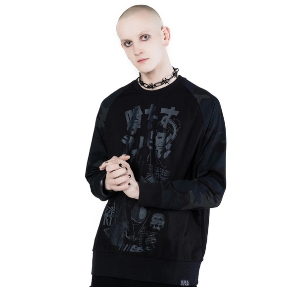 Killstar ✦ Rumour Camo Sweatshirt ✦ M Black Pullover Gothic Quote Camo Sleeves - Picture 4 of 8